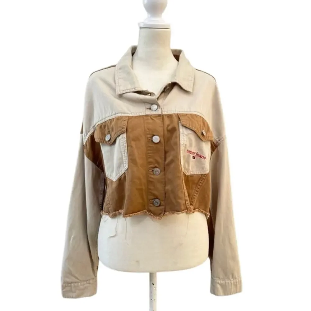 Tommy Jeans Two Tone Cropped Denim Jacket Tan Beige Retro 90s Inspired XL - Picture 2 of 7